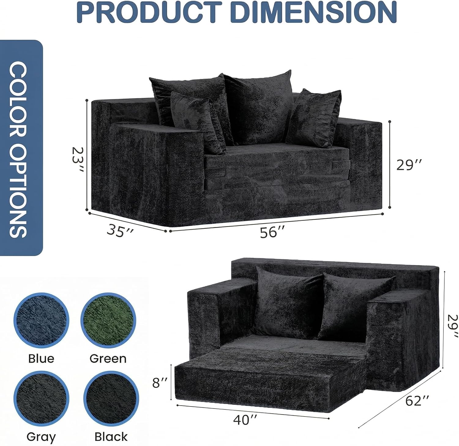 Boneless Loveseat Sleeper Sofa Bed, 3-in-1 Convertible Sofa Bed and Floor Futon Couch (Velvet-Black, Loveseat (55))