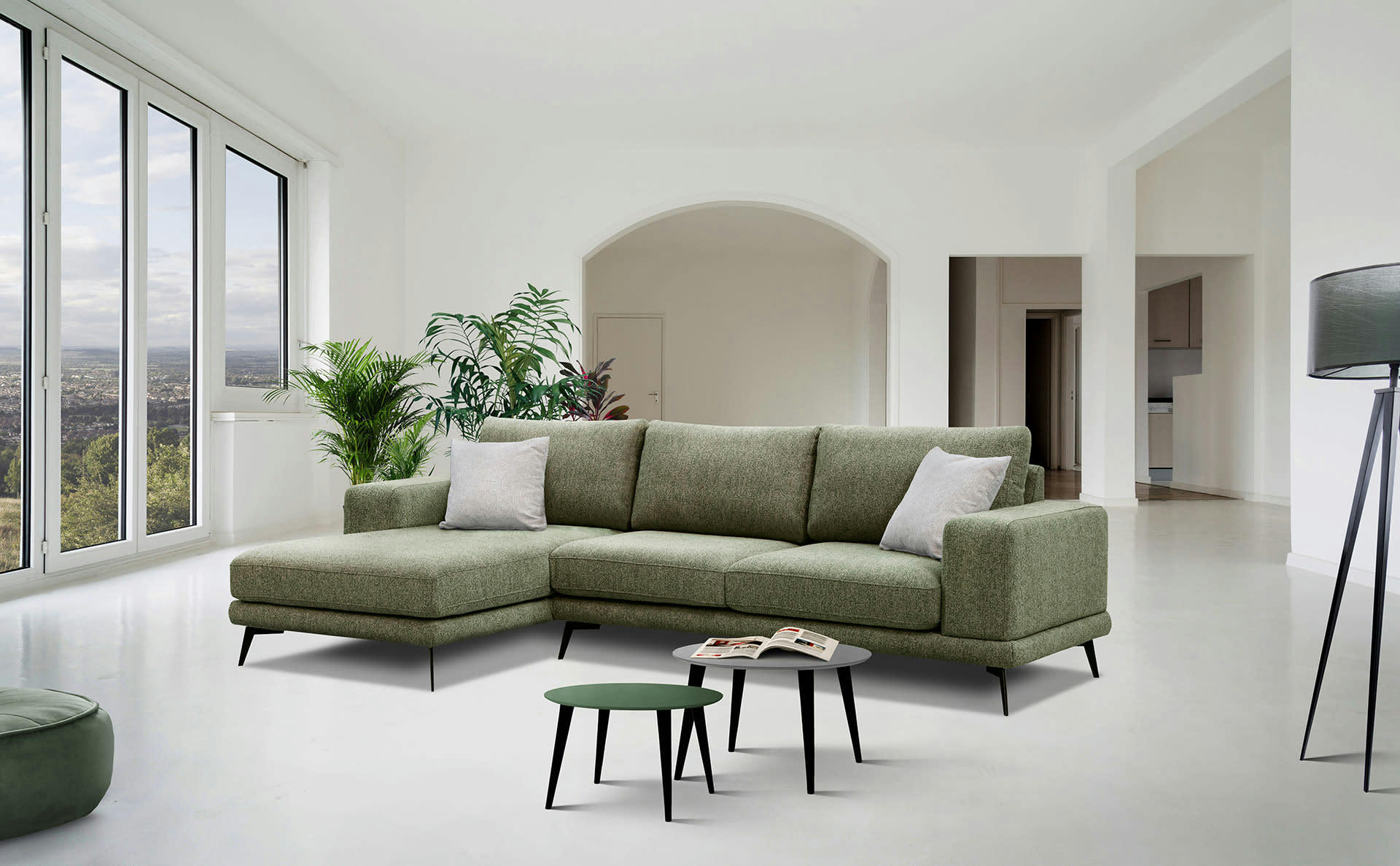 MEDIOLANE - Canapé d'angle gauche 4 places tissu vert