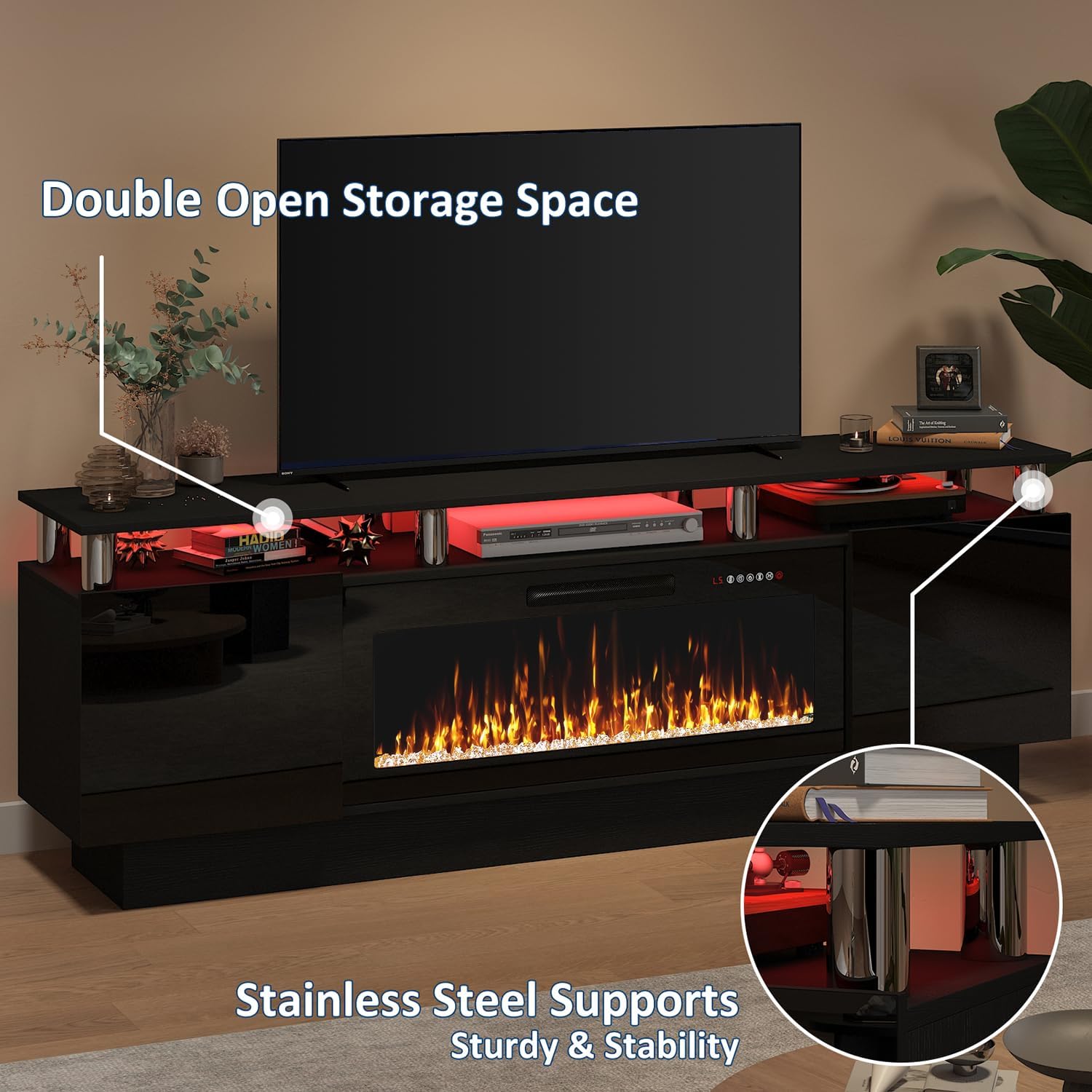 PUKAMI 70 Fireplace TV Stand, LED Light Entertainment Center with 36 Electric Fireplace, 2 Tier Modern Wood Media TV Console with Highlight Storage Cabinet for Living Room, Black