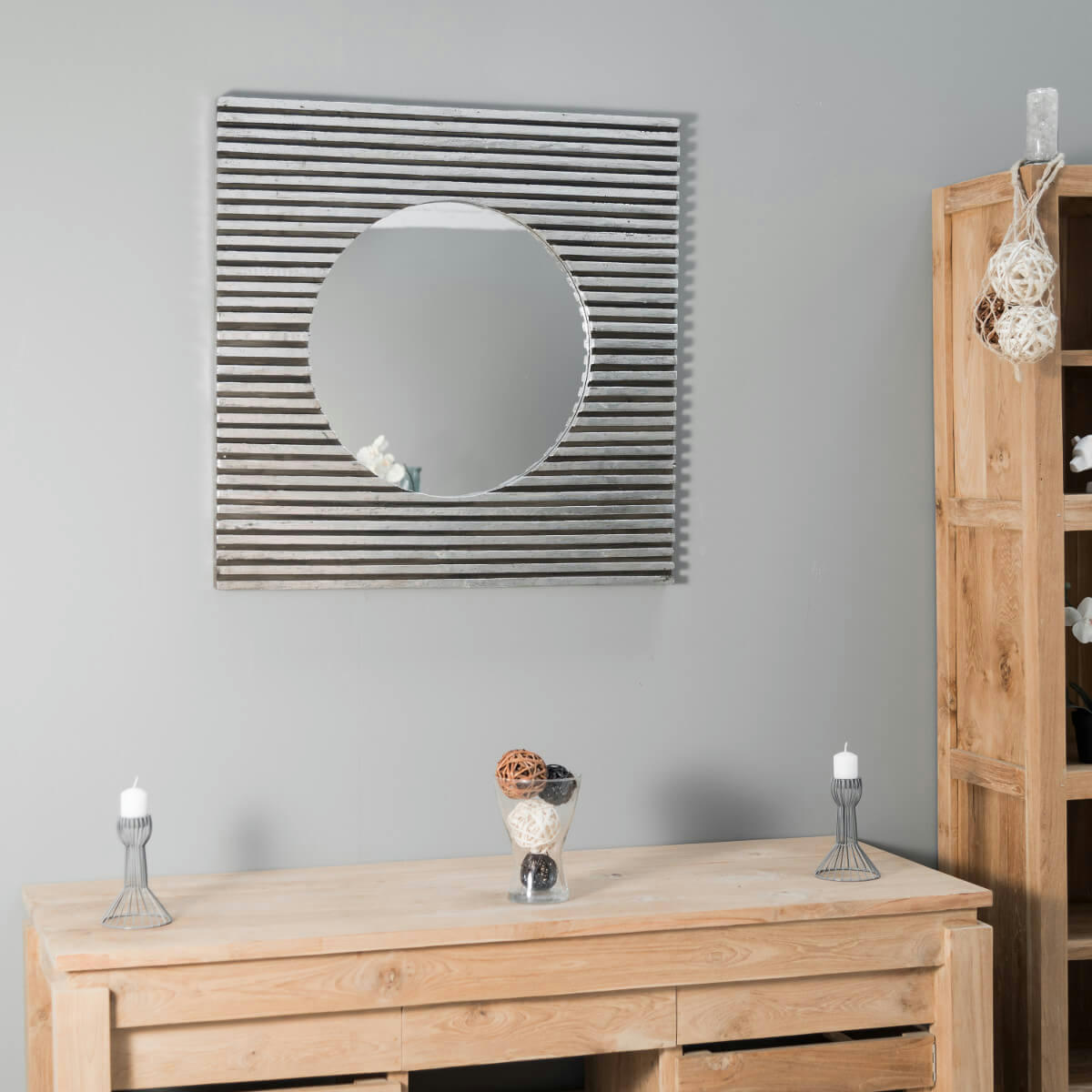 - Miroir art déco carré en bois patiné argent 80 x 80 cm