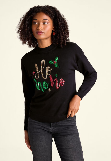 Womens Black Sequin Christmas Ho Ho Ho Jumper