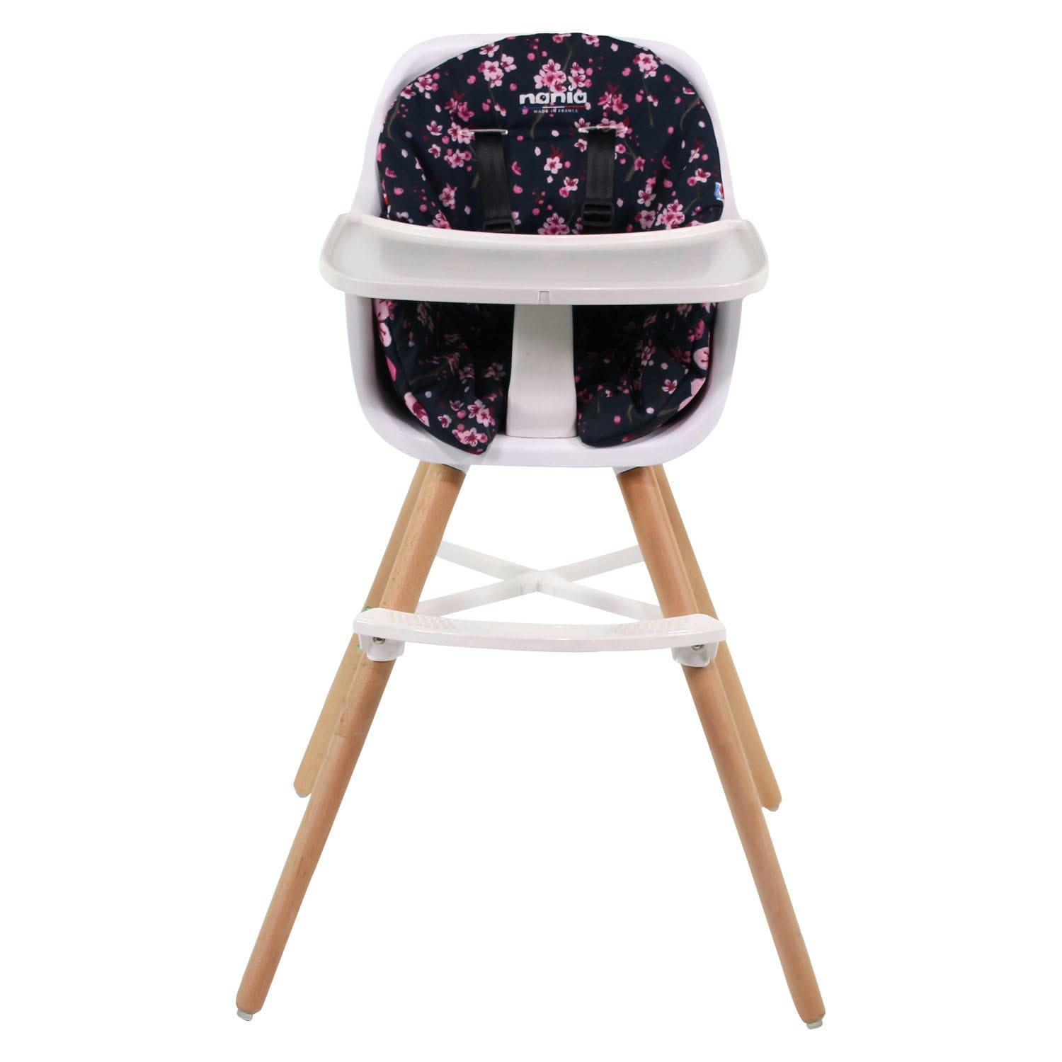 - Chaise haute blanche et hêtre coussin décor cerisier