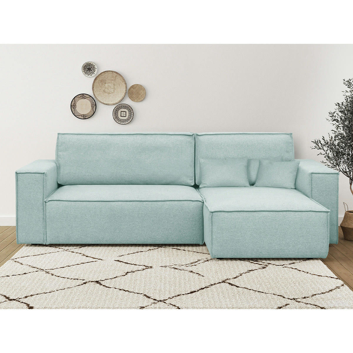 LIVIA NEW - Canapé d'angle convertible 4 places en tissu bleu pastel