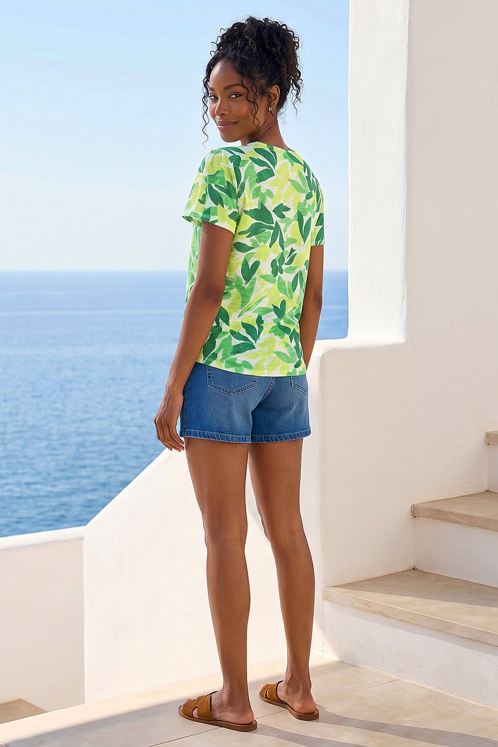Roman Leaf Print Tie Front Top