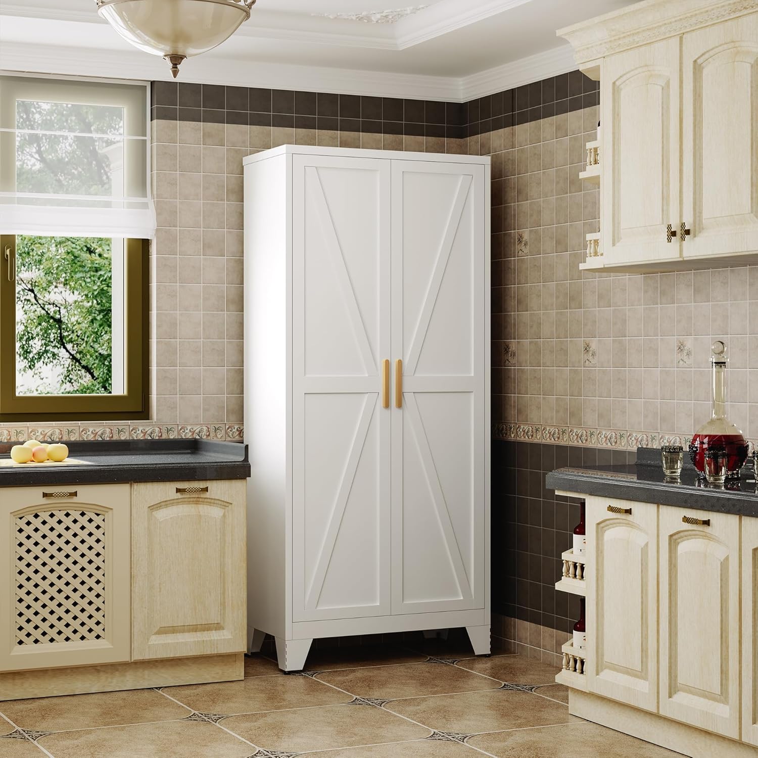 QINPTWUT 71 Storage Cabinet with Doors and Shelves, Tall Pantry Cabinet in White with 2 Doors & 4 Adjustable Shelves, All-Steel Farmhouse Cupboard for Kitchen, Living Room,Home Office,Garage