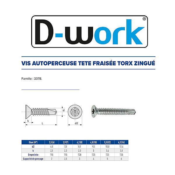 250 Vis Autoperceuses Tête Fraisée Torx 4.8 x 25.4 mm - Zingué blanc - D-Work