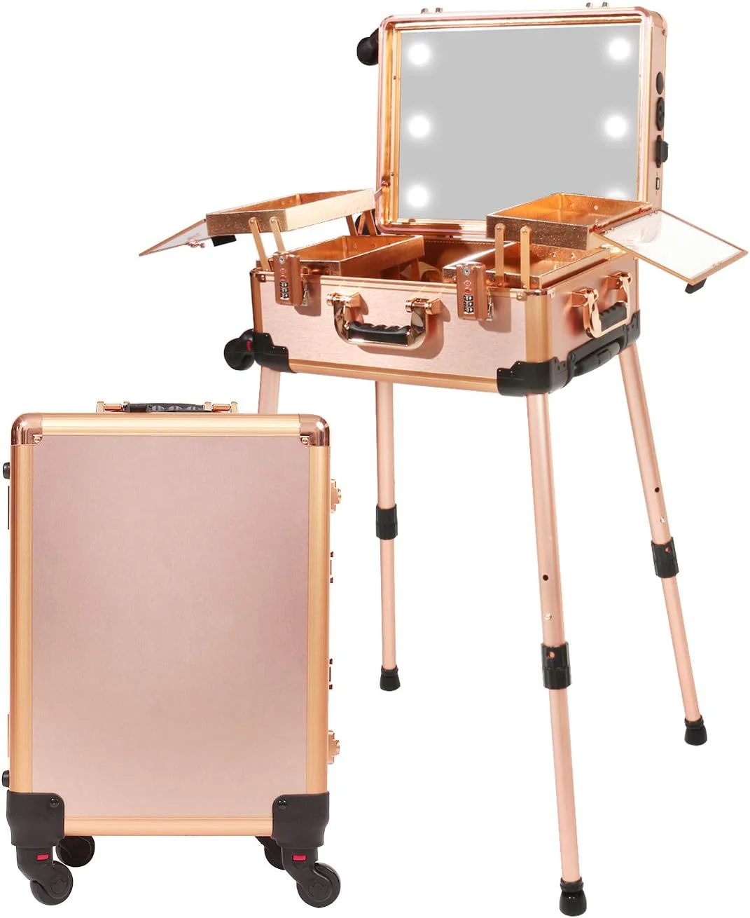 Medium Makeup Train Case with Code Lock, Lighted Mirror, Speaker Travel Cosmetic Organizer Box, Professional Artist Trolley Studio Free Standing Case(rose gold)
