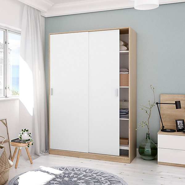 Armoire avec 2 portes coulissantes coloris blanc / chêne canadien - Dim : H 200 x L 120 x P 50 cm