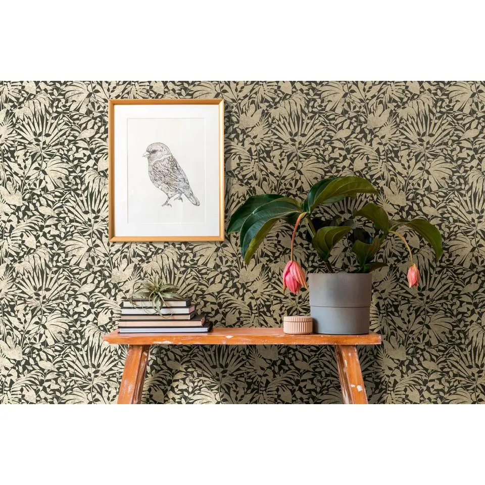 Livingwalls behang bloemmotief goud en zwart - 53 cm x 10.05 m