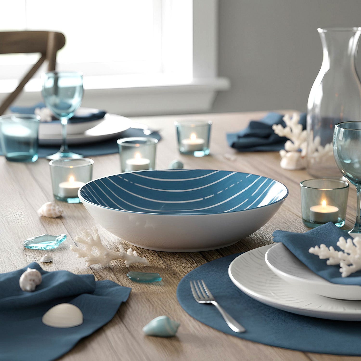 Piatto fondo blu righe bianche porcellana Mix e Match