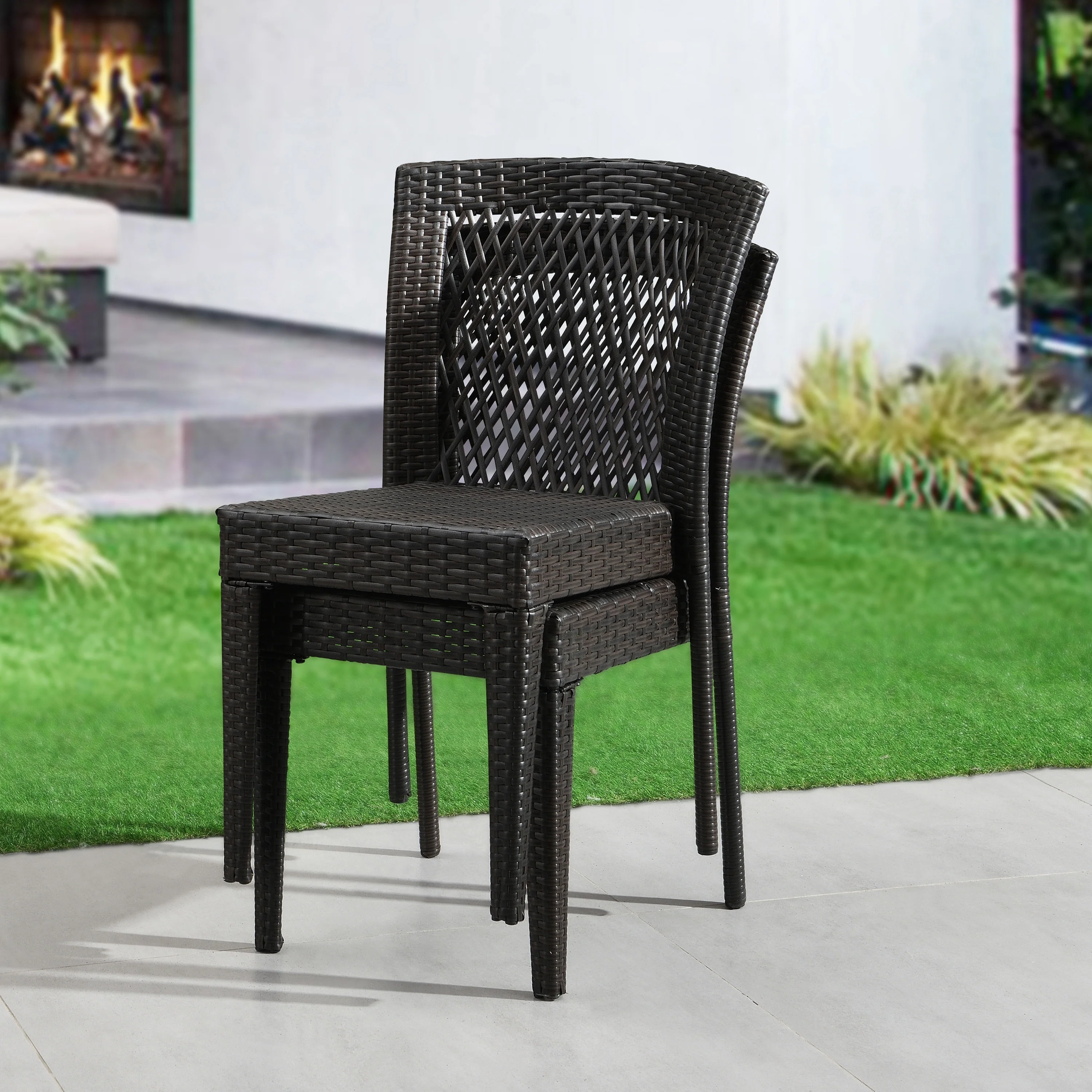 Outdoor Dining Chairs Set of 2, Stackable Chairs with UV-Resistant PE Rattan and Steel Frame