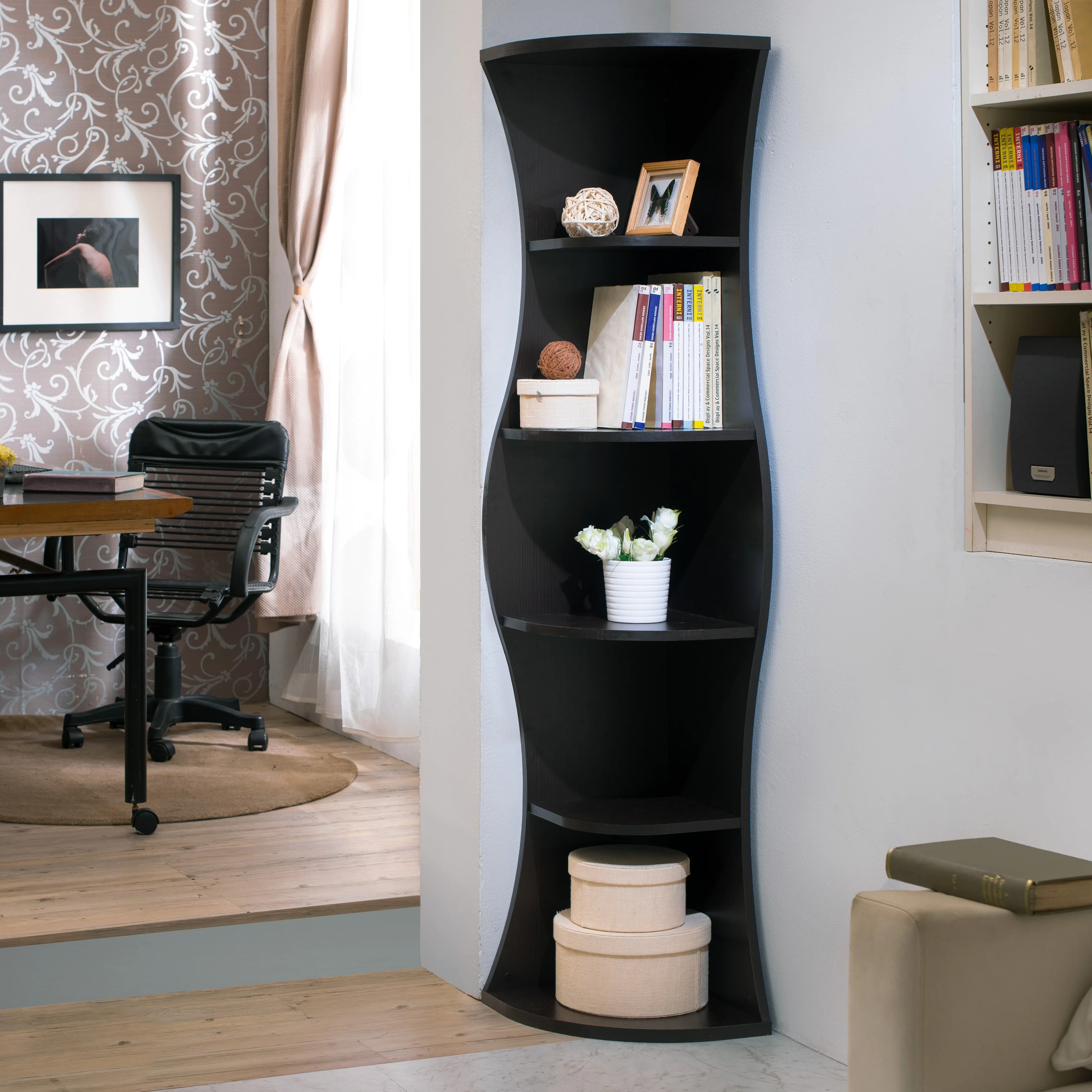 DH BASIC Walnut Space Saving 5-Shelf Corner Bookcase by Denhour