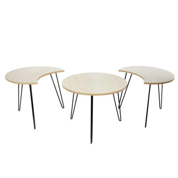 Zestaw 3 STOLIKI bielone/czarne MDF i METAL lekkie