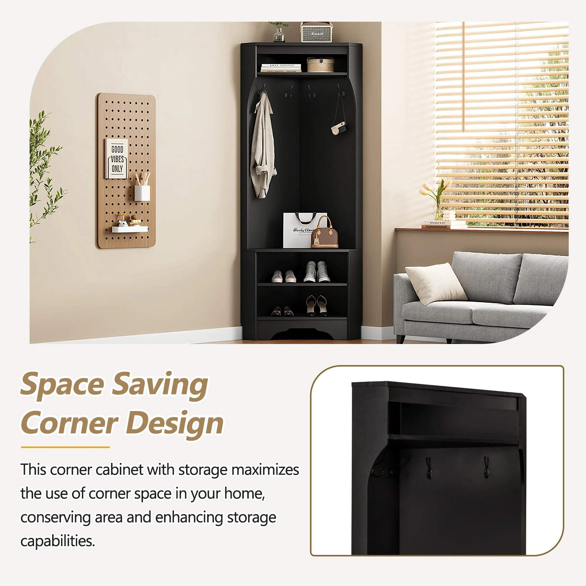 Corner Hall Tree with Shoe Bench - Multifunctional Entryway Coat Rack Featuring 4 Hooks and Adjustable Shelf,29.5''W x 71.6''H