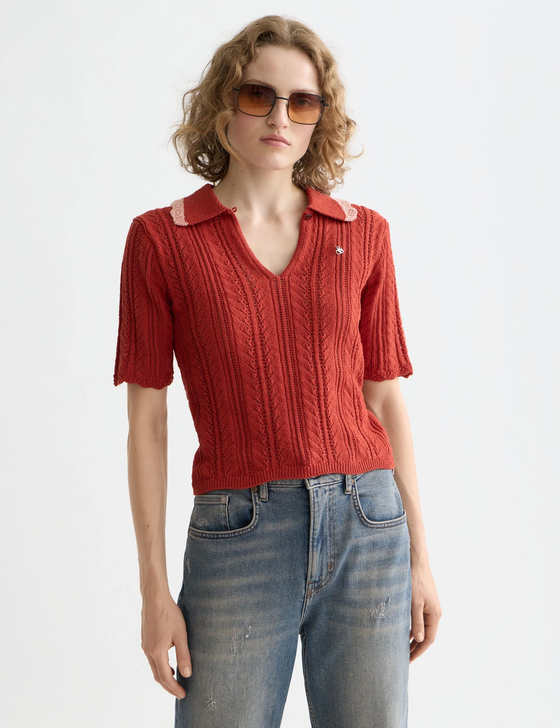 Pointelle collared knitted polo