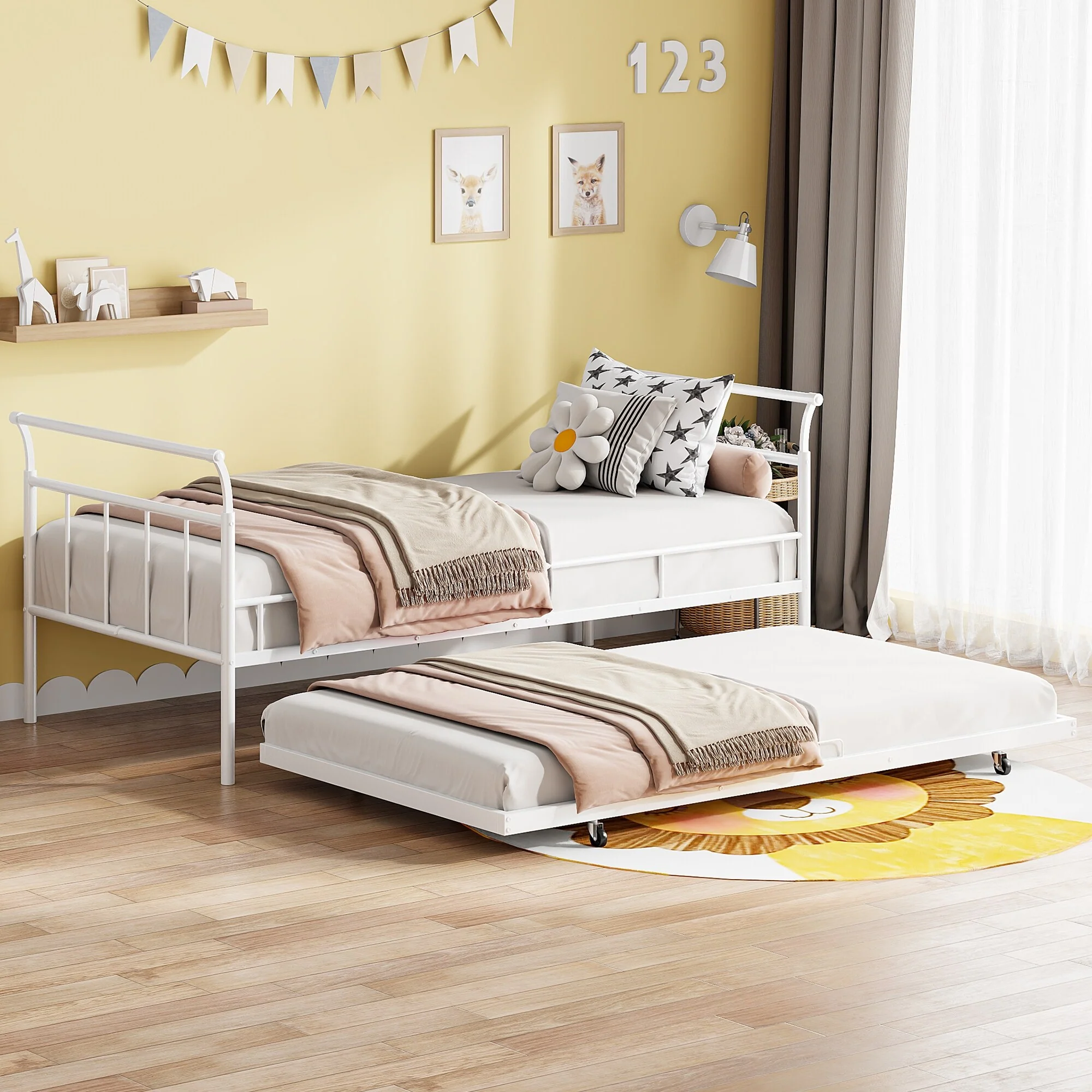Twin Size Metal Daybed with Curved Handle Design and Twin Size Trundle