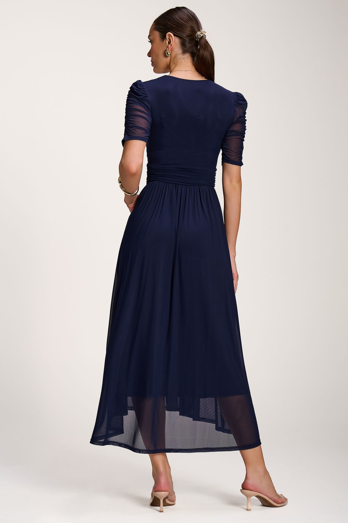 Jolie Moi Mesh Ruched Sleeve Maxi Dress