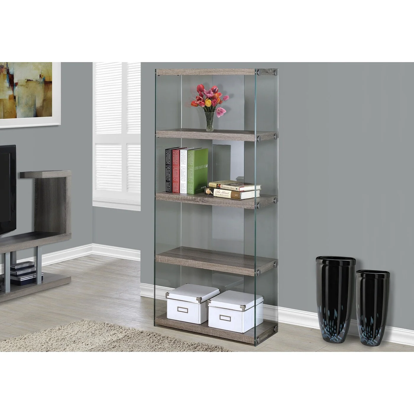 Bookshelf, Bookcase, Etagere, 5 Tier, 60h, Office, Bedroom, Clear Tempered Glass, Brown Laminate, Contemporary, Modern
