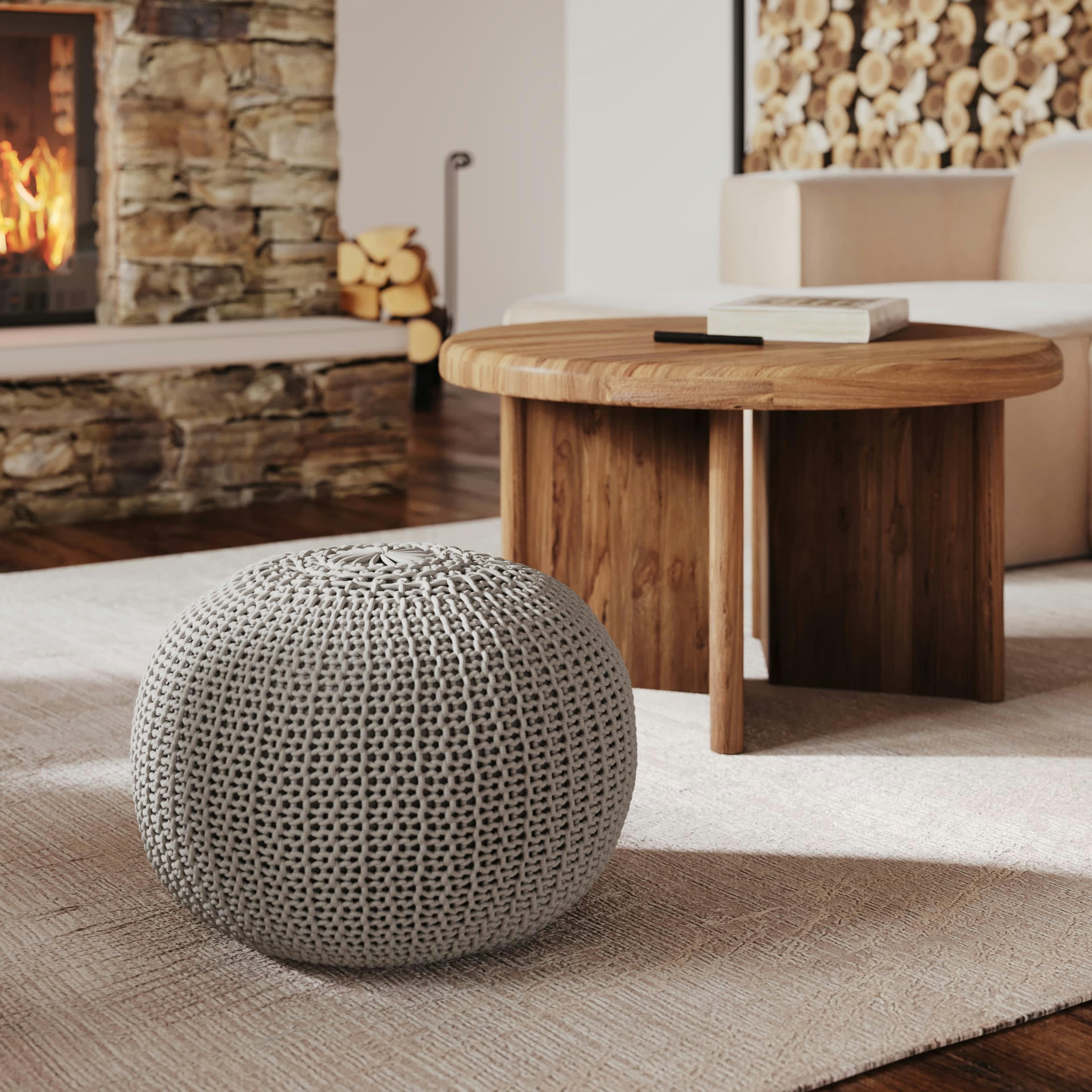 ELISA - Pouf tricot rond en coton gris clair D40 cm