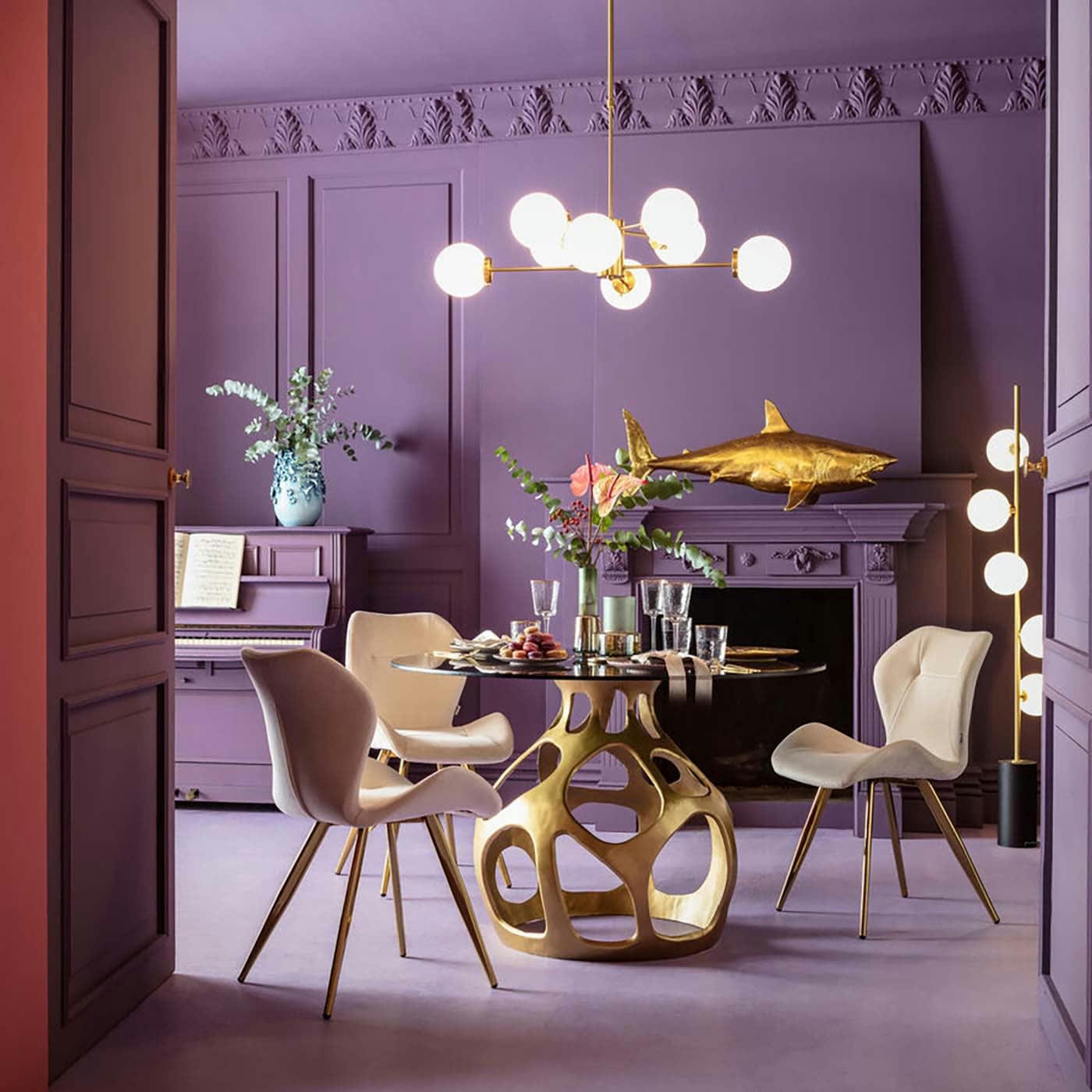 VOLCANO - Table à manger 6 personnes en alu doré et verre noir D120