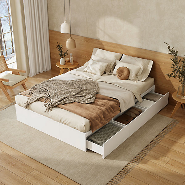 Lit avec Rangements 140x200 cm - Lit Double avec Tiroirs, Espace sous le Lit - MDF - Blanc - Sans Matelas