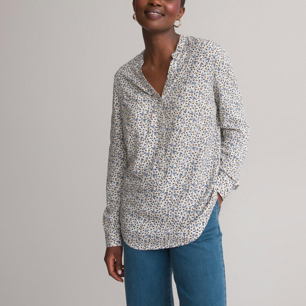 Blouse col V, imprimé floral, manches longues