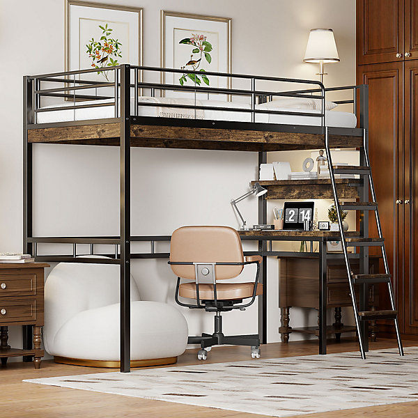 Lit Mezzanine 90x200 cm - Lit Ado avec Bureau et étagères - Protection Anti-Chute Incluse - Métal et MDF - Noir - Sans Matelas