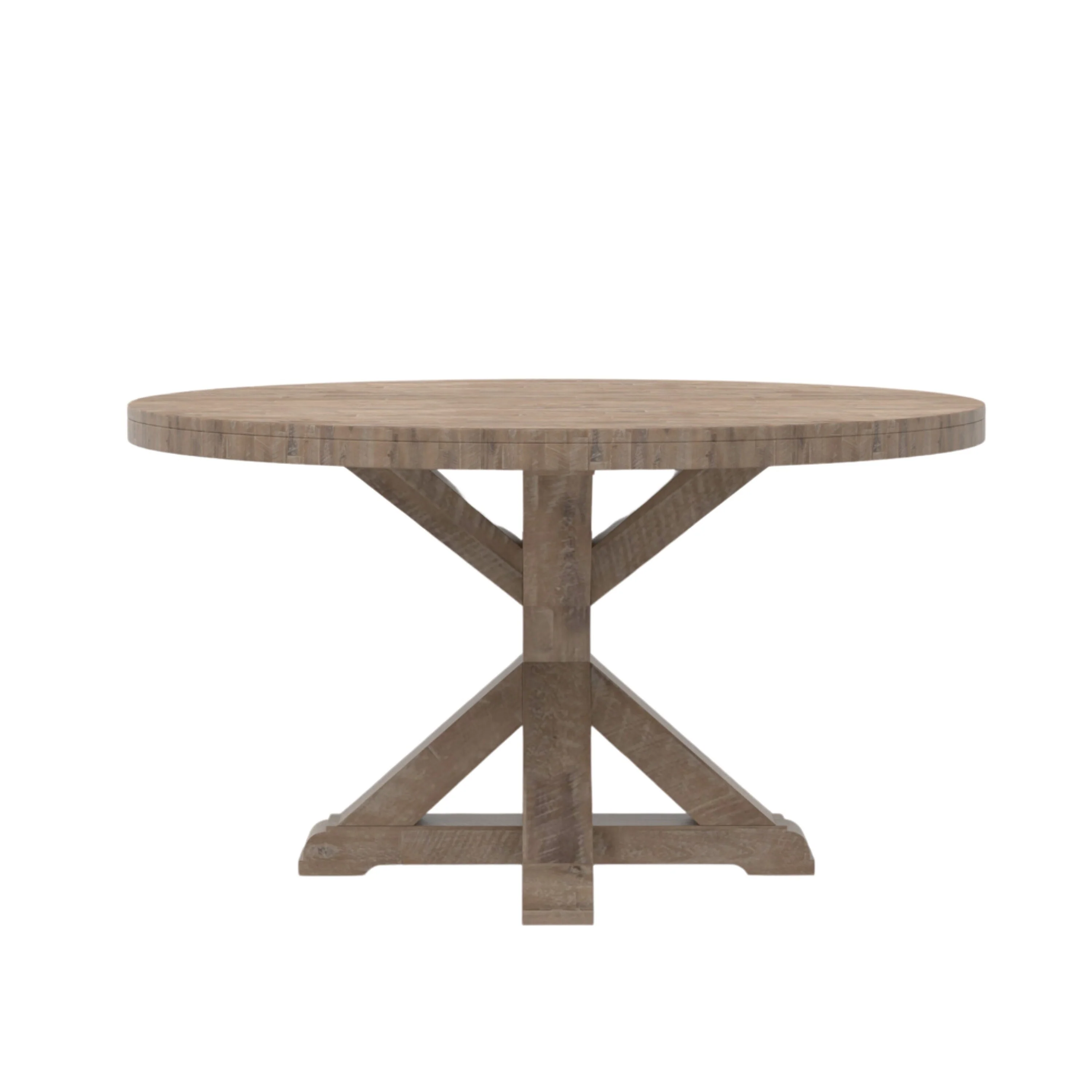 Bela Dining Table, 54 Inch Round Top w Solid X Base, Weathered Brown