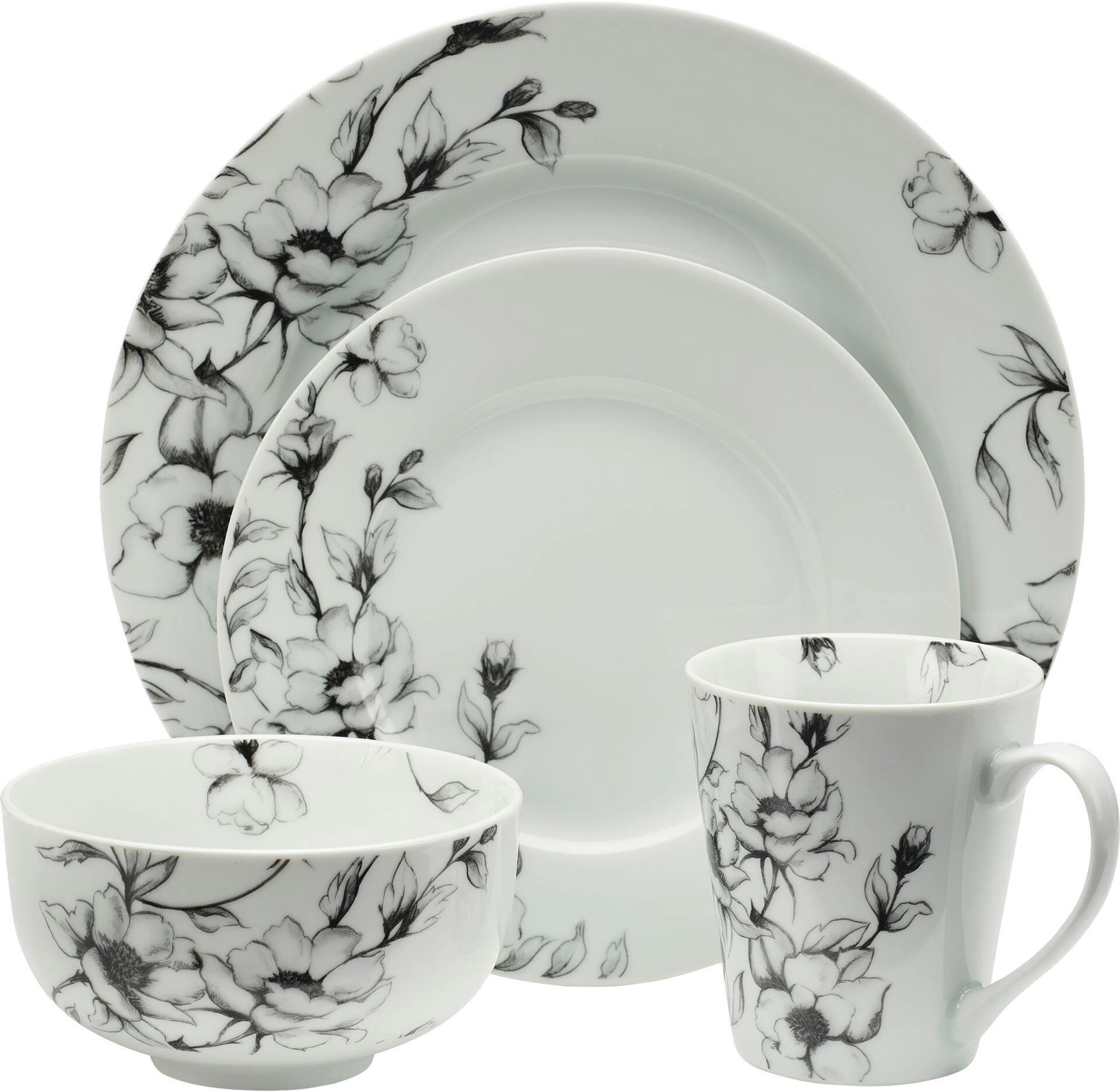 CANVAS Wild Rose 16pc Porcelain Dinnerware Set, Serves 4, White