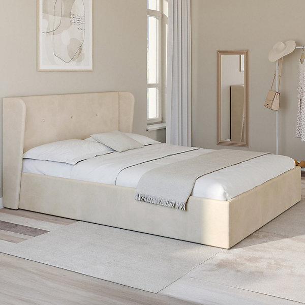 Lit coffre double OREA avec tête de lit enveloppante à oreilles et sommier 140 x 190 cm velours beige