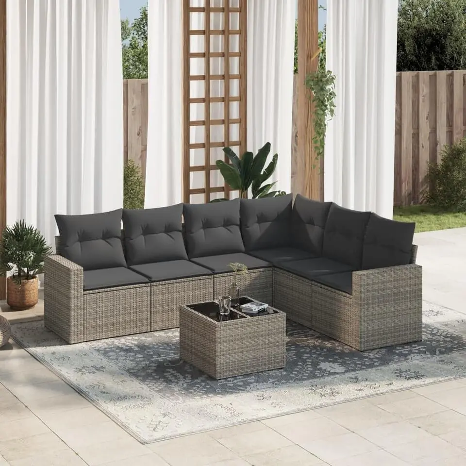 vidaXL - Loungeset met kussens - Grijs - Poly rattan - 7 stuks