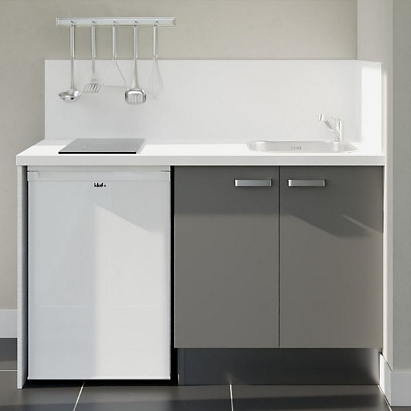 Kitchenette K17 - 140 cm - Façades : Gris - Plan de travail : Blanc - Crédences : Oui - Evier