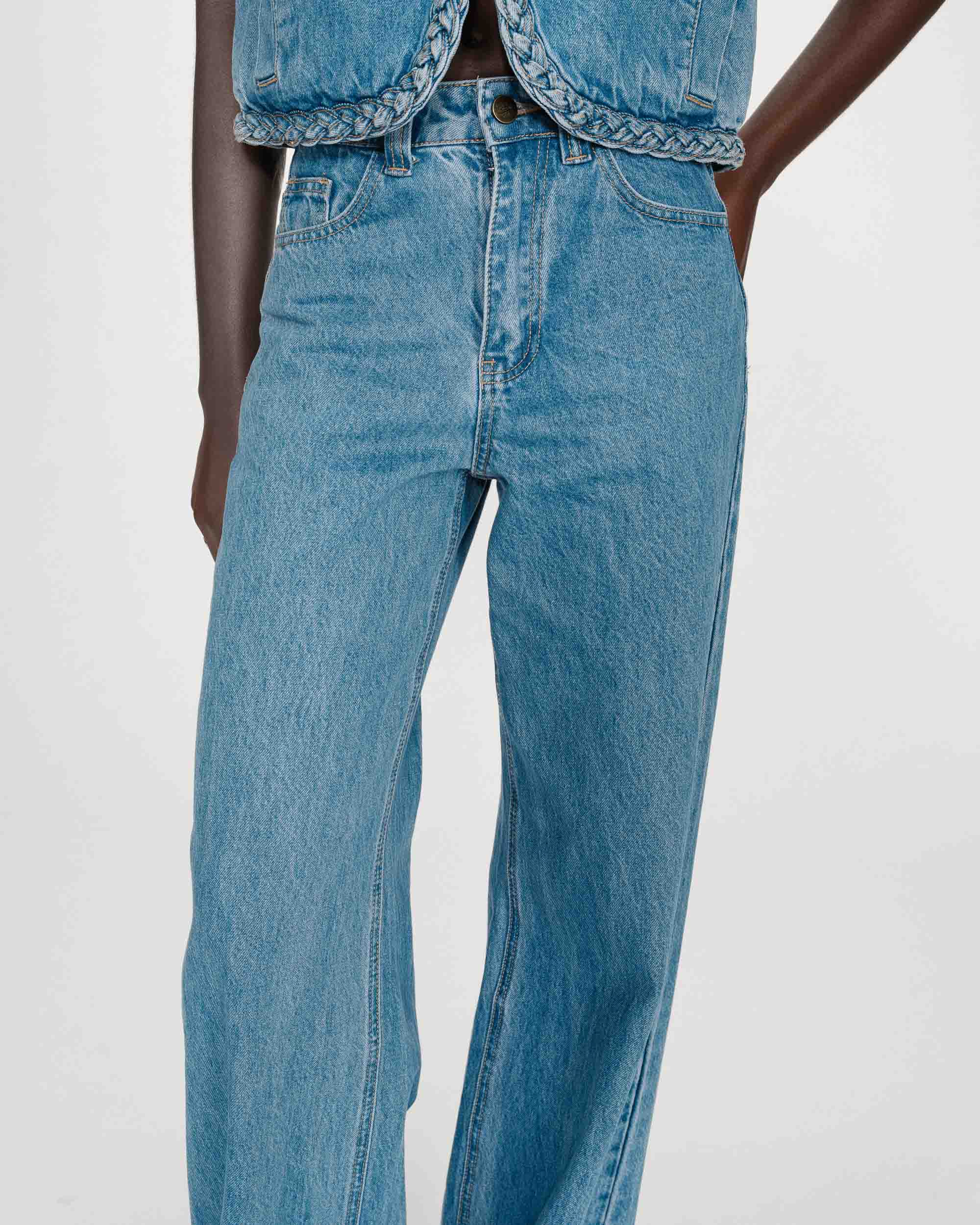 Jean large taille haute ceinture tressée lightblue Jaden