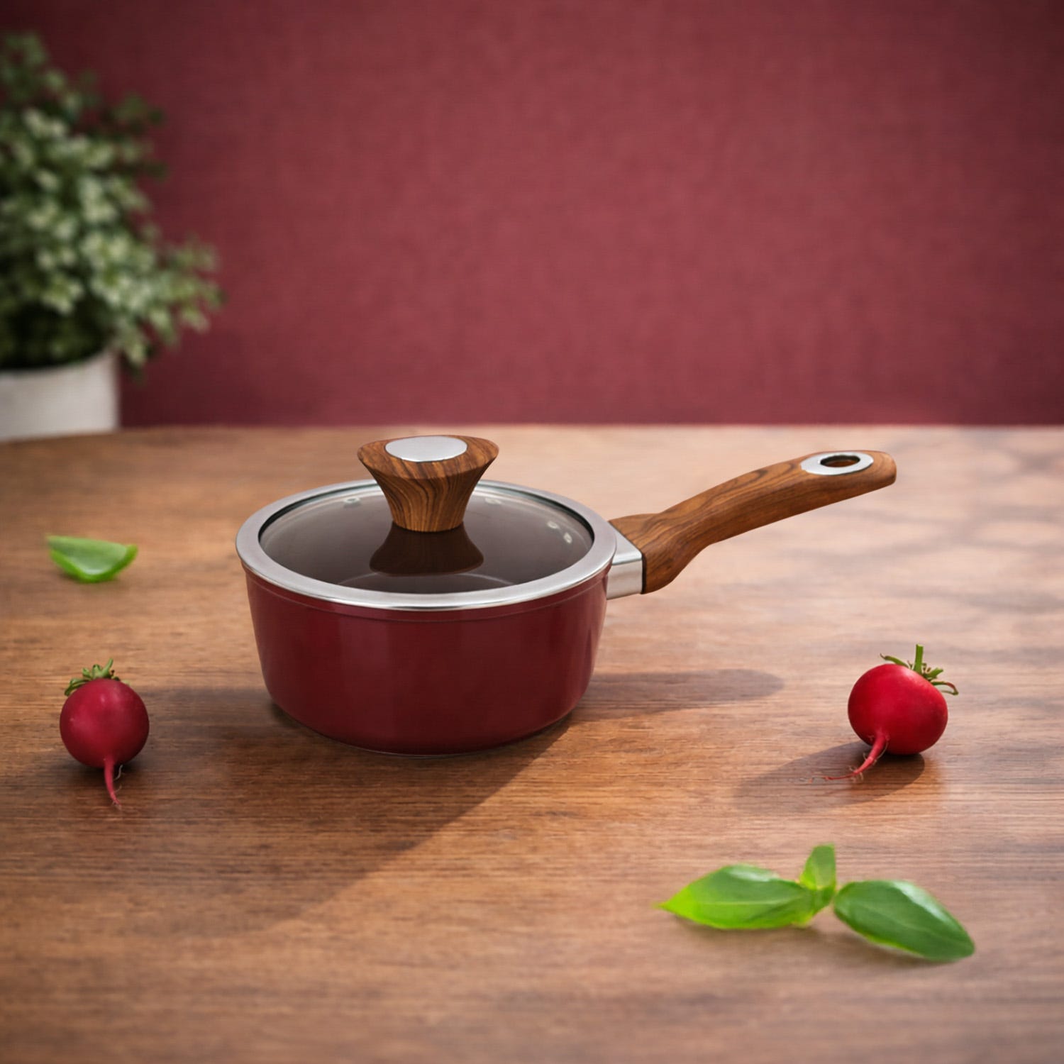 Casseruola un manico 16 cm coperchio burgundy New Ceramic