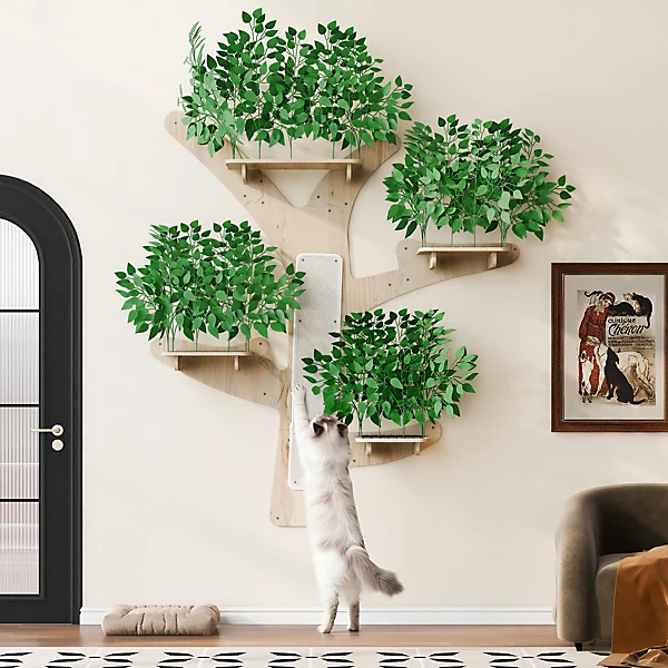 Arbre à chat mural - 210 cm de haut- Avec griffoirs et 4 plateformes - Feuilles amovibles - Bois de pin - Vert