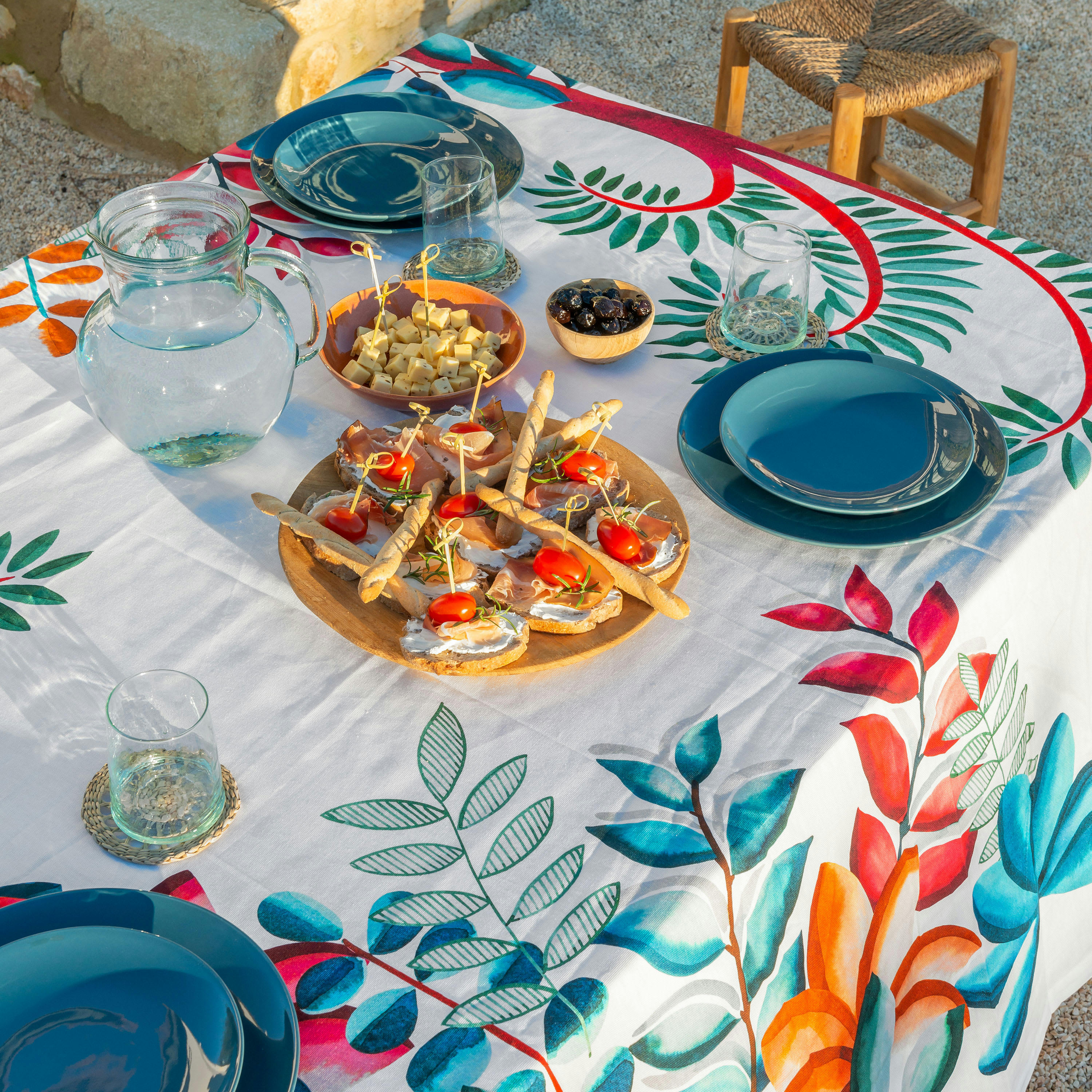 MACOUBA - Nappe carré coton imprimé bleu 170 x 170 cm