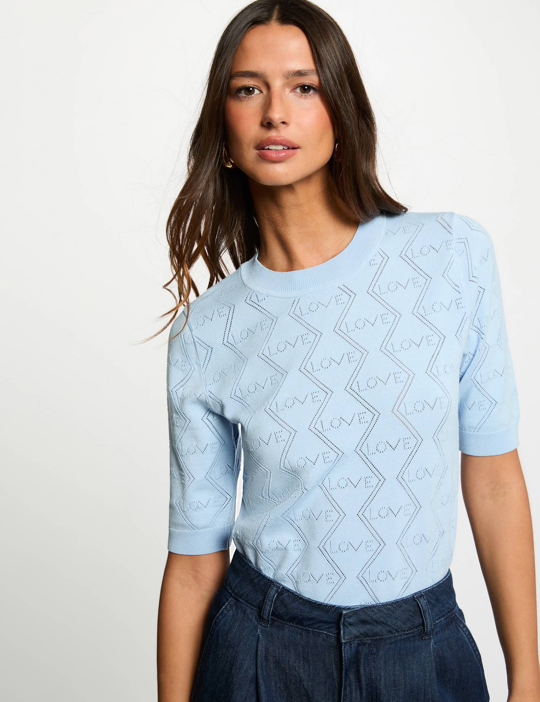 3/4 Sleeve Openwork Sweater Sky Blue Women