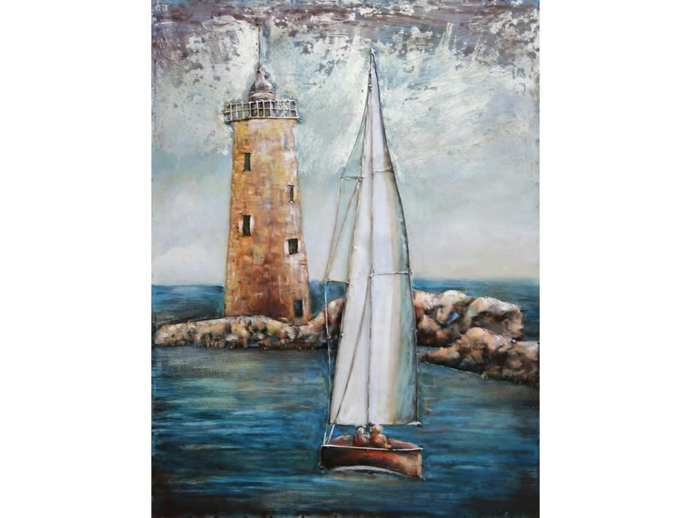 MÉTAL BRASS - Tableau relief en métal phare et voilier 80x60
