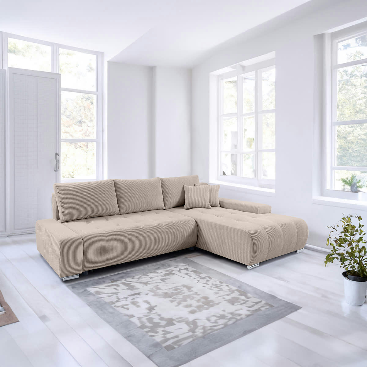 - Canapé d'angle convertible droit 4 places coffre velours côtelé taupe