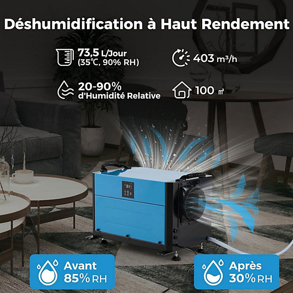Deshumidificateur d Air Industriel 73,5L/Jour, 20%-90% Humidité, 2 Méthodes Drainage, Bleu