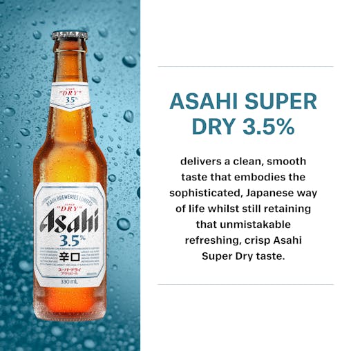 Asahi Super Dry Beer 3.5%, Low Carb Mid-Strength Beer, Refreshing & Crisp with a Slight Bitter Note, 3.5% ABV, 330mL (Case of 24 Bottles)