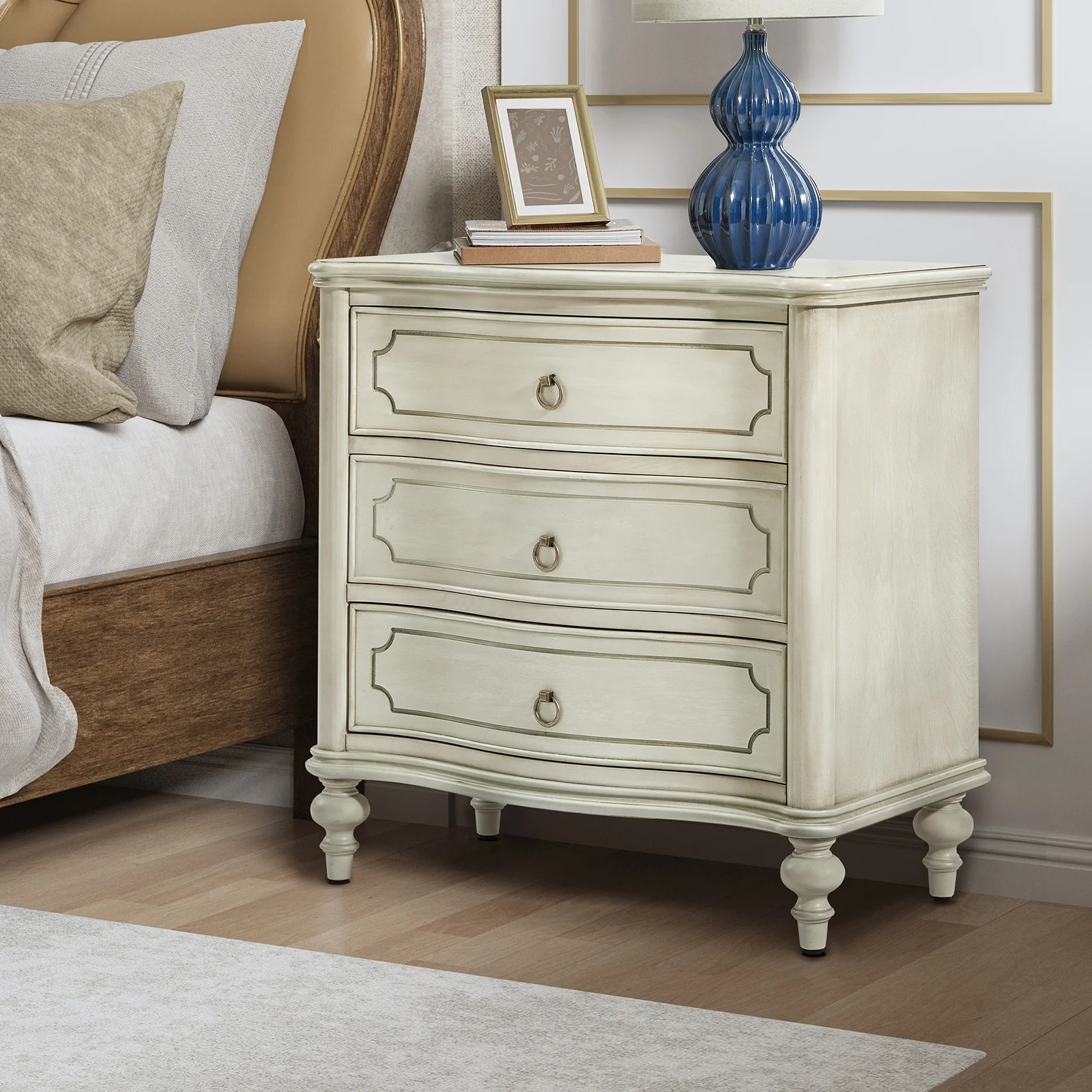 Alois Traditional 3-Drawer Nightstand with Solid Wood Spindle Legs by HULALA HOME