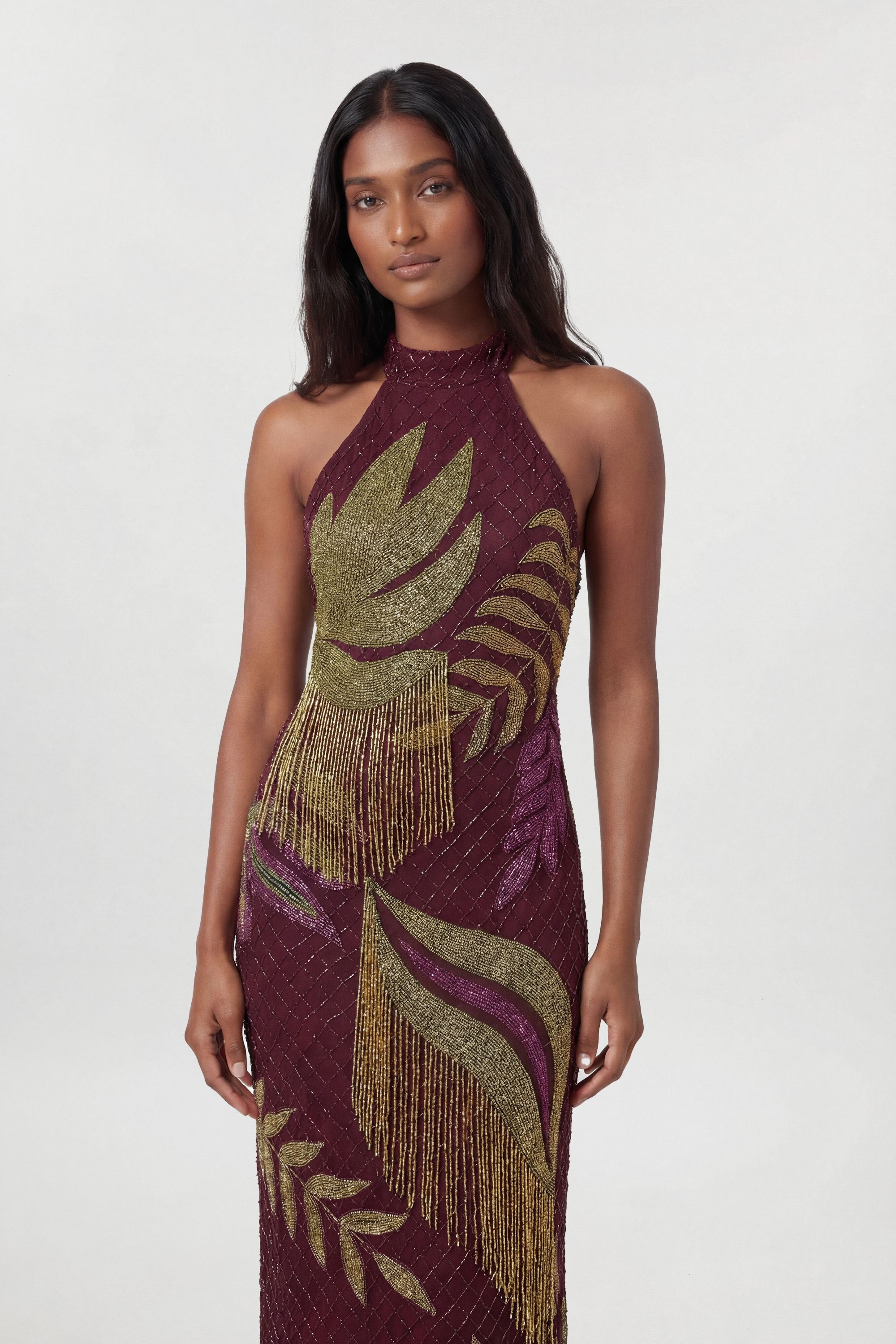 KarenMillen Petite Tropical Beaded Strappy Back Woven Halter Maxi Dress