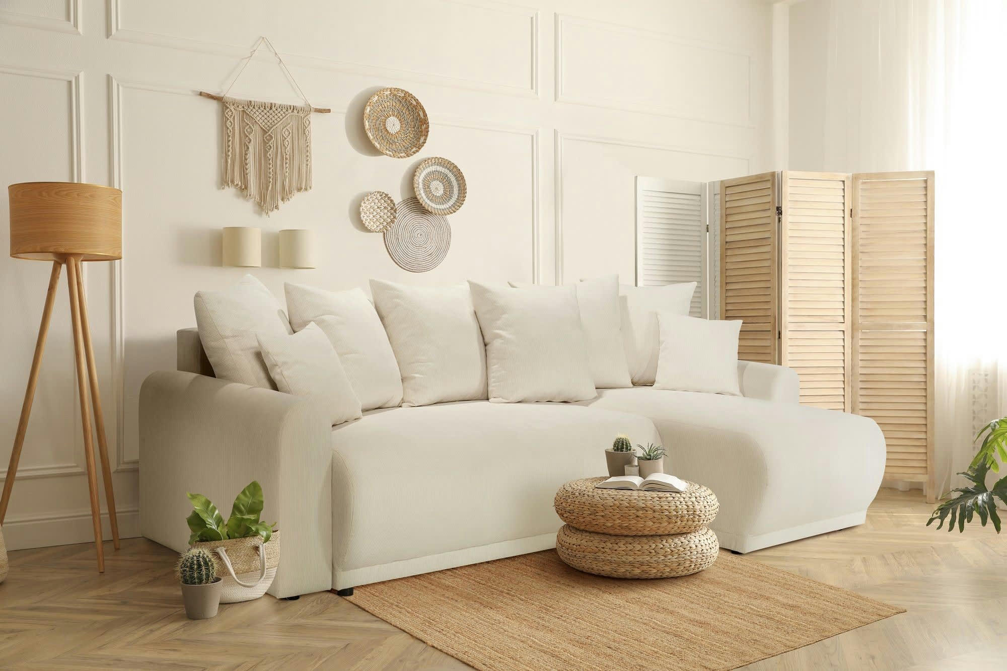 ANGE - Canapé angle convertible 3 places  en velours côtelé beige