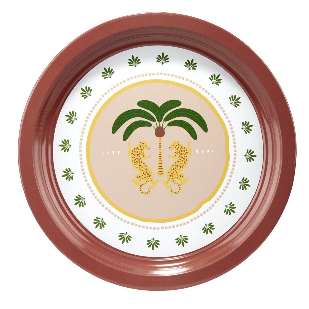 Plateau rond Indie motif palmier métal rose et vert Ø34cm