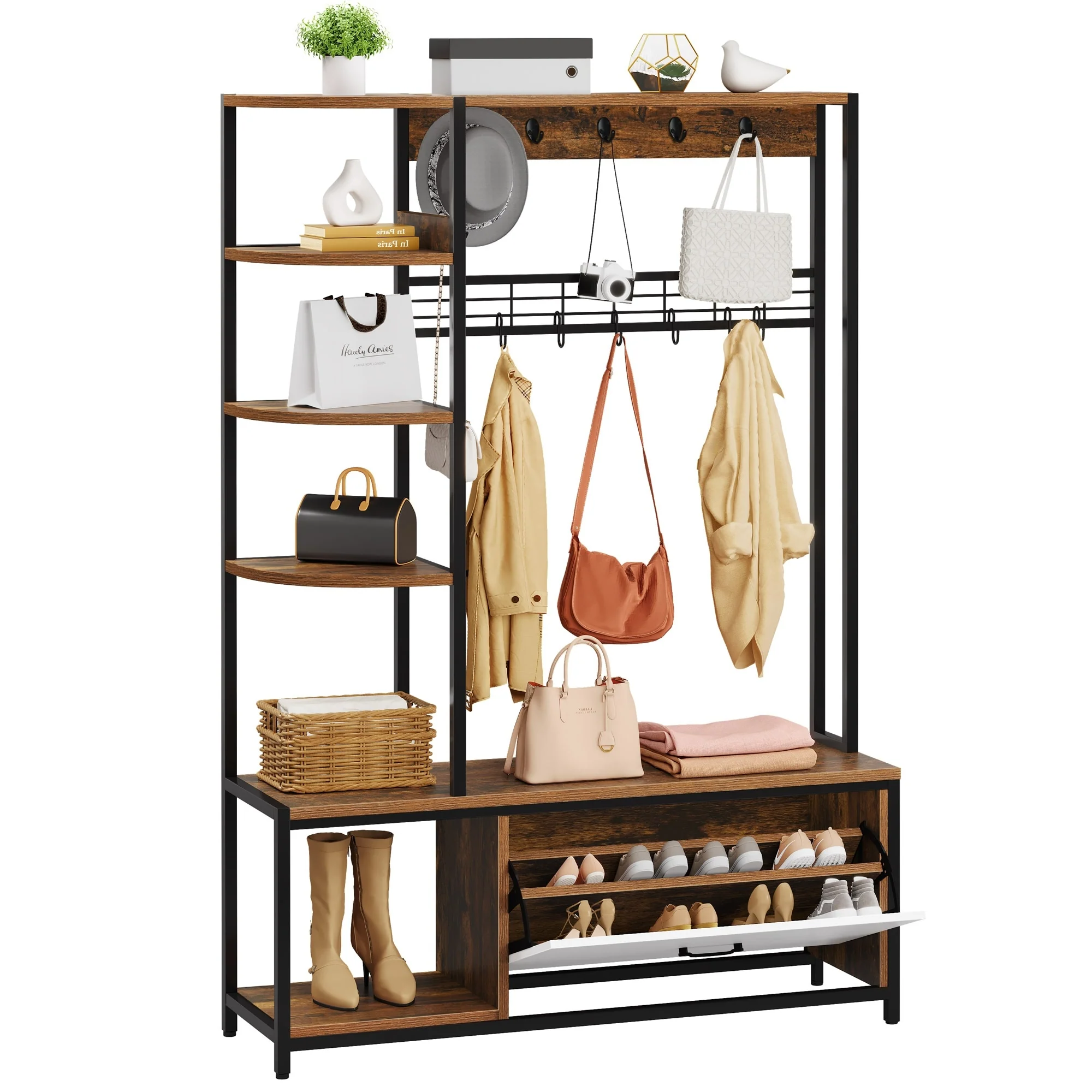 Moasis Coat Rack Shoe Bench 5 in 1 Entryway Hall Tree Freestanding Shoe Storage Rack with 14 Hooks