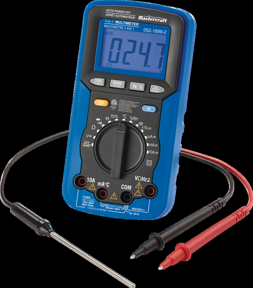 Mastercraft 5-in-1 Digital Multimeter, Measures AC/DC Voltage and Current, Blue