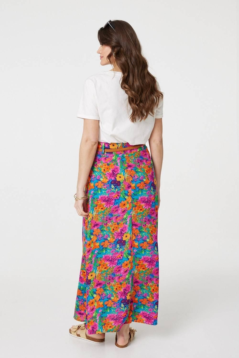 Izabel London Floral Print Belted A-Line Maxi Skirt