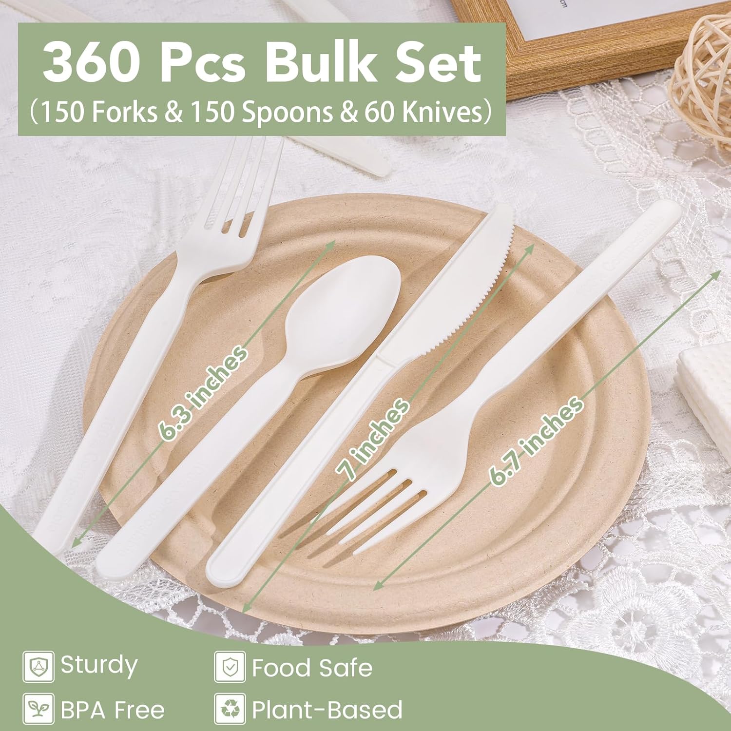 360pc Compostable Cutlery Set: 150 Forks, 150 Spoons, 60 Knives. Extra Heavy Duty Plant-Based Silverware, Heat Resistant & BPA-Free. Disposable Utensils for Wedding, Party, Daily Use.