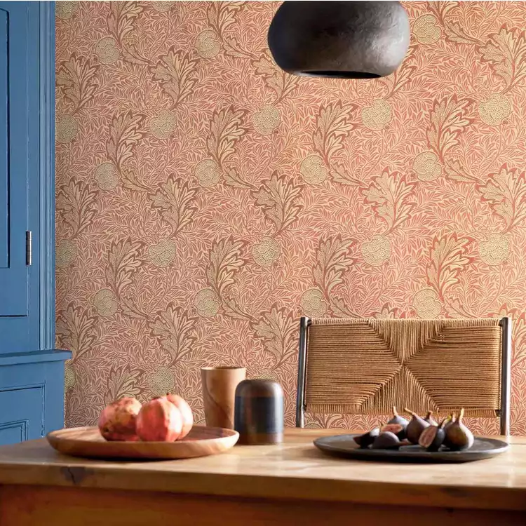Morris & Co. Rust Gold Apple on Red Floral Wallpaper